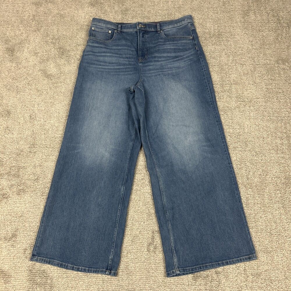 Spanx Jeans Womens 1X Wide Leg High Rise Blue Denim 4 Way 360 Stretch 21598R